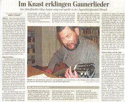 Zeitungsbericht der Kitzinger Zeitung zu Oleg Jurjews Besuch in der VJA Ebrach 2014.