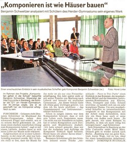 Zeitungsbericht der Nordbayerischen Nachrichten zu Benjamin Schweitzers Besuch im Herder-Gymnasium Forchheim 2014.
